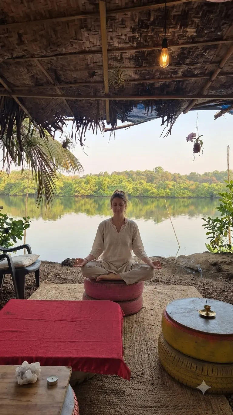A guest meditating under a thatched roof by the water