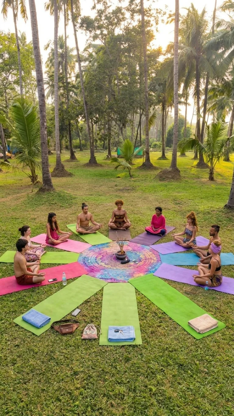 Guests seated in a sunburst circle of mats around a mandala and incense