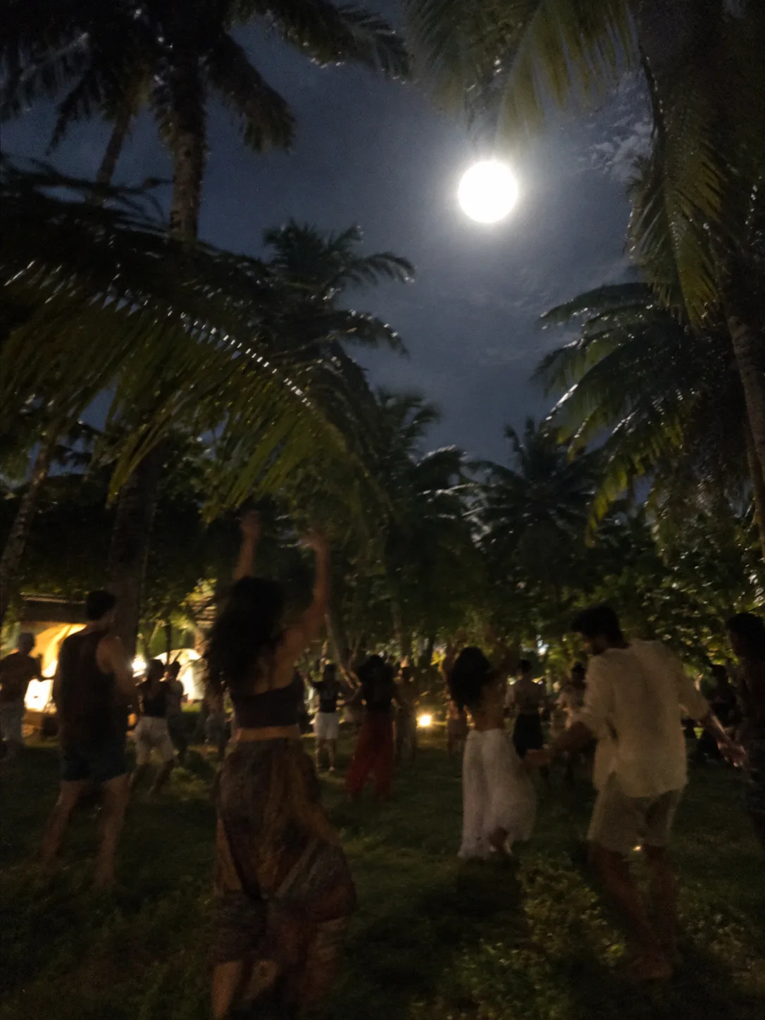 Guests dancing together under the Full Moon beneath the palms