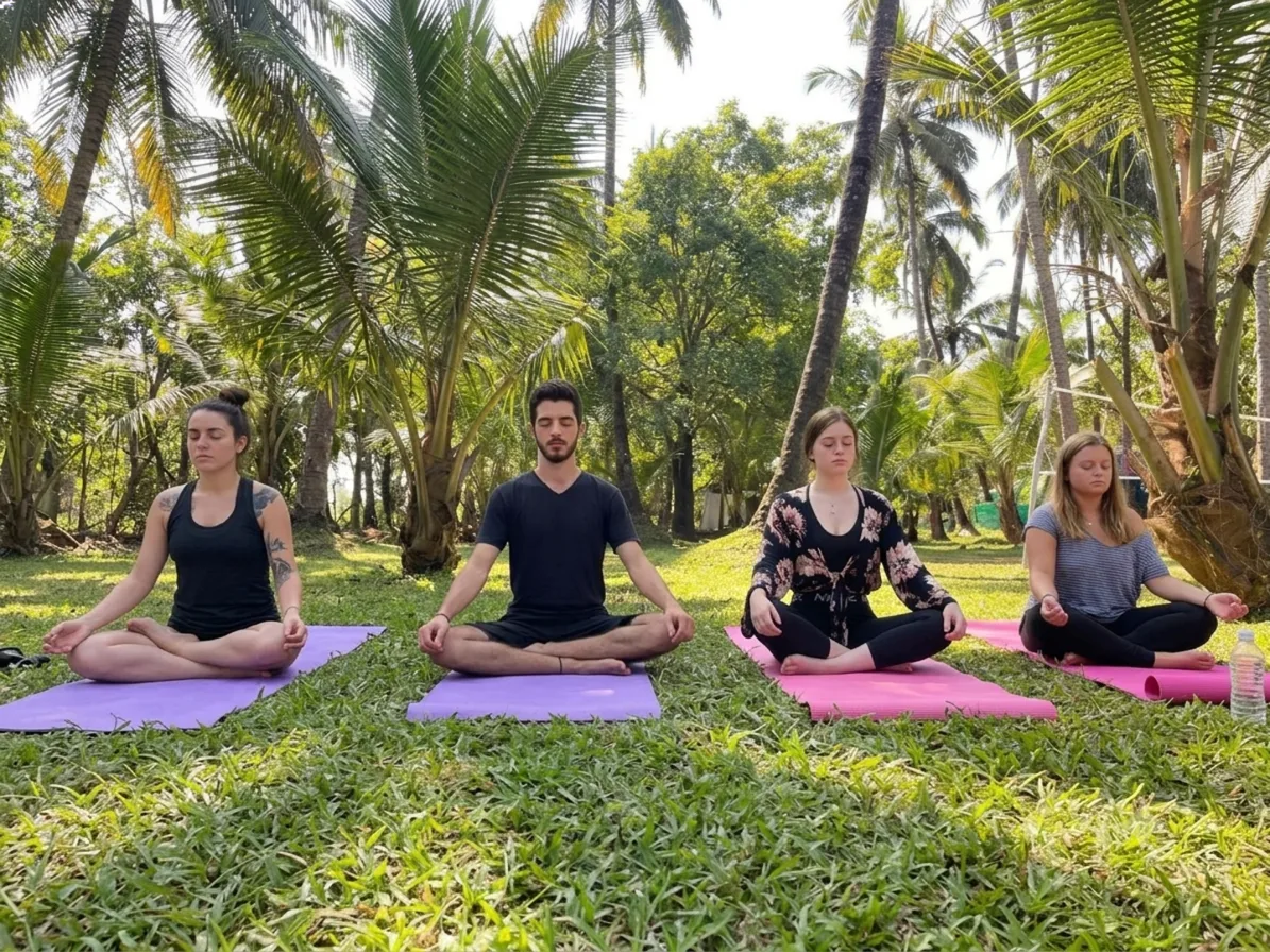 Four guests meditating together on mats among the palms
