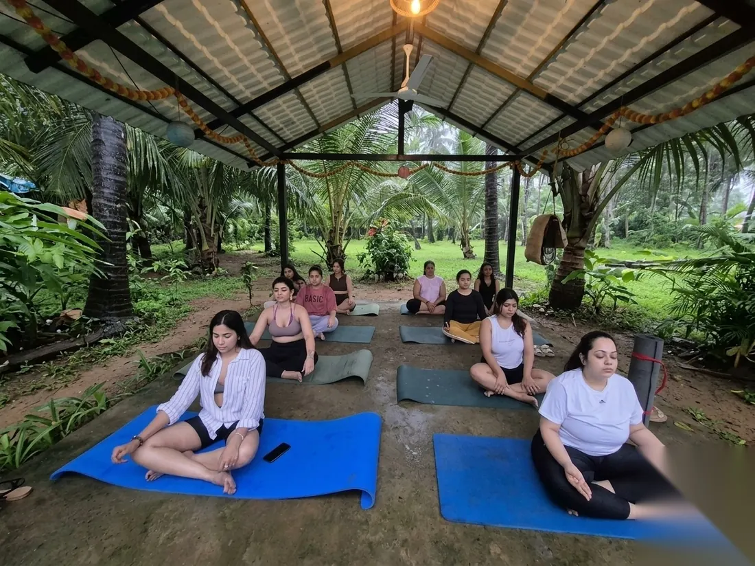 Guests in group meditation practice among the palms