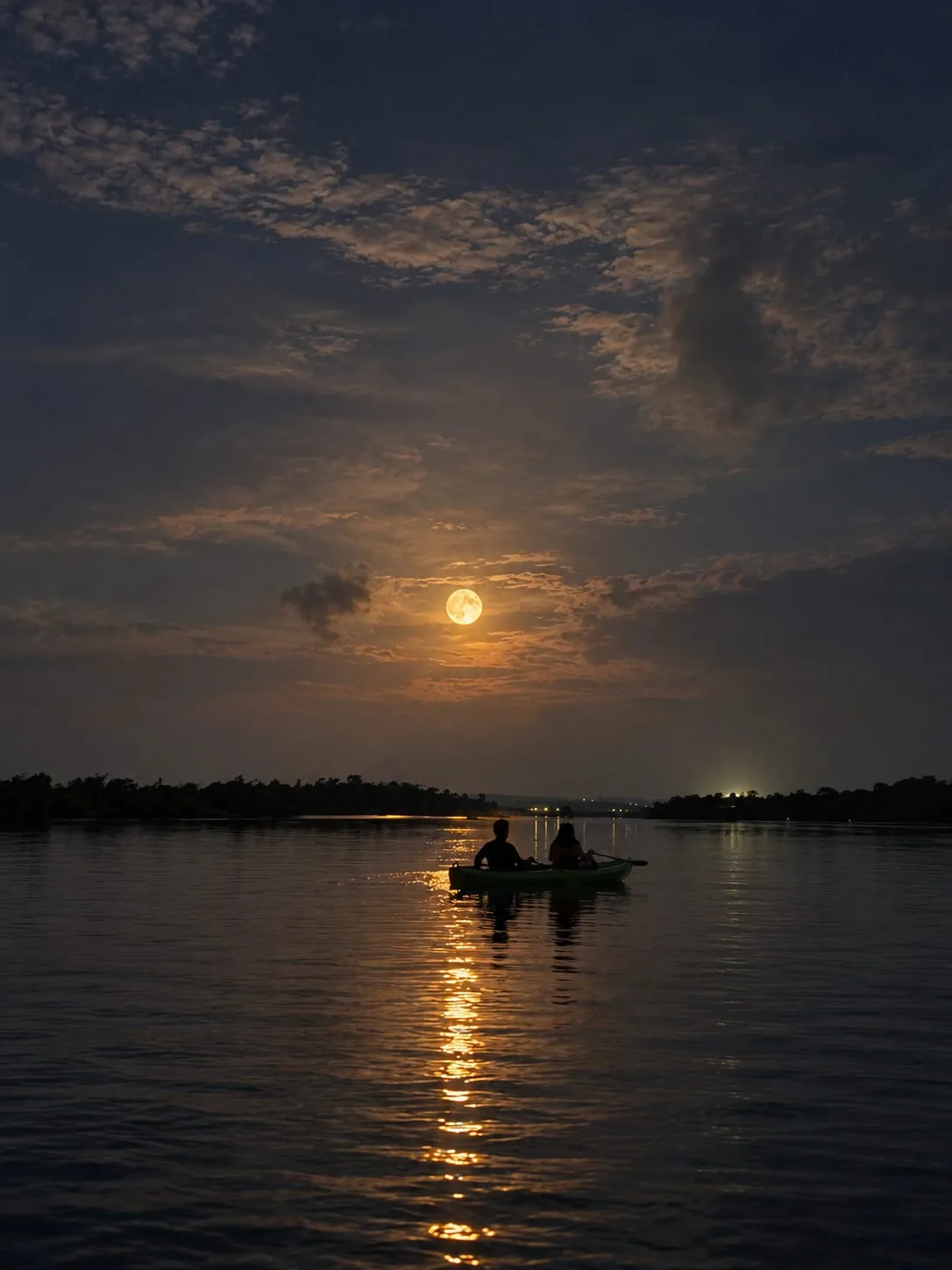 A kayak silhouette against a rising moon over the water